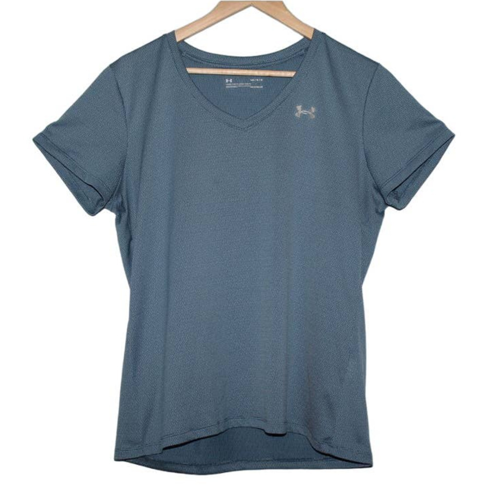 Women's Under Armour UA Heatgear Tech Ticker V-Neck Blue Gray Shirt Sz L 1321258